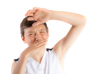 Young teenage boy isolated on a white background with smelly armpit clipart
