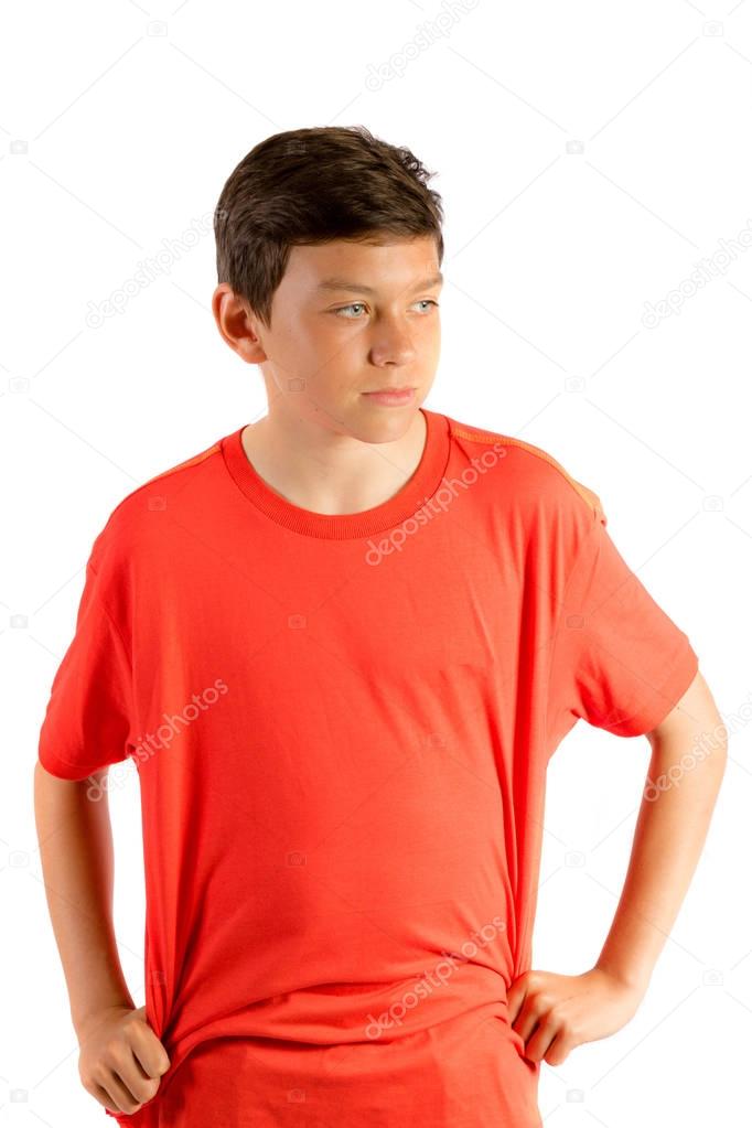 Young teenage boy isolated on white looking to his left
