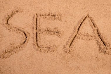 Yumuşak ıslak kum bir plajda yazılmış deniz