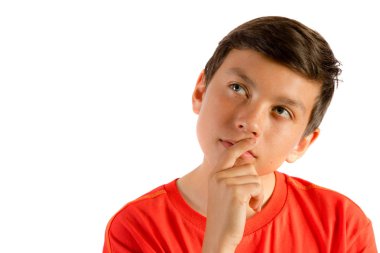 Young teenage boy isolated on white thinking