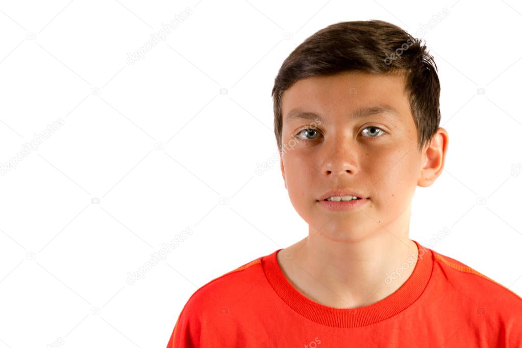 Young teenage boy isolated on white head and sholder portrait