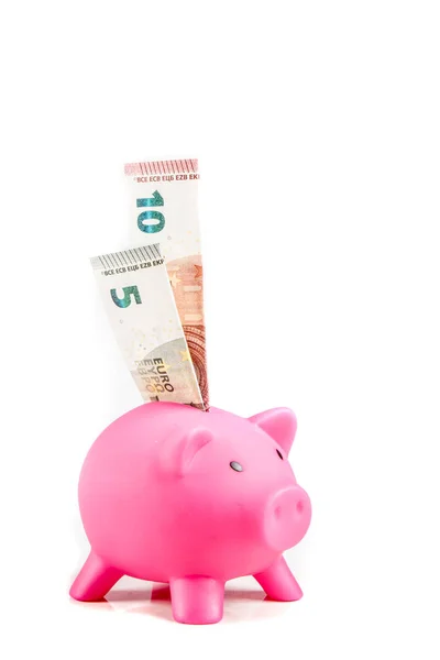 Beş ile on euro banknot ile Piggy banka