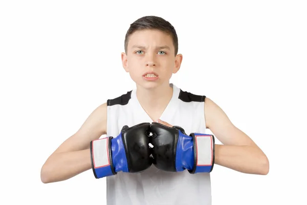 Boy mladý bělošský dospívající Boxer izolované proti bílé Backgro — Stock fotografie