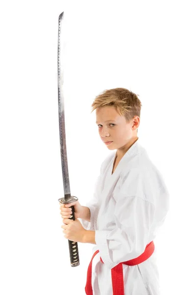 Pre-adolescente chico con una espada — Foto de Stock