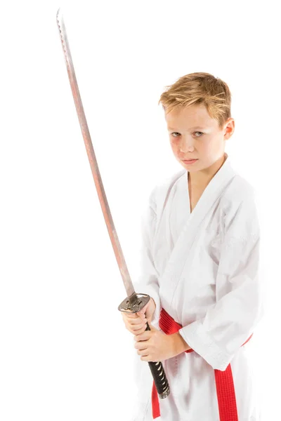 Pre-dospívající chlapec s mečem — Stock fotografie