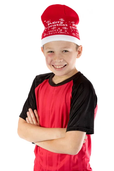 Előre tini fiú viselt santa kalap — Stock Fotó