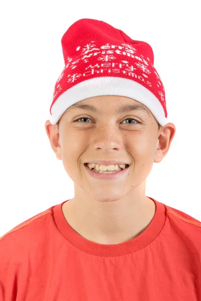 Menino adolescente feliz usando um chapéu de Natal — Fotografia de Stock