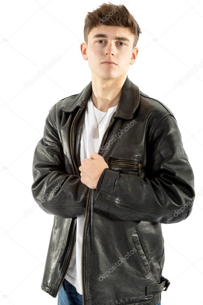 18 year old wearing a leather jacket and jeans