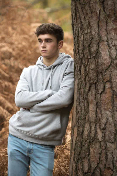 stock image Teenage boy in the woods on an autumn day