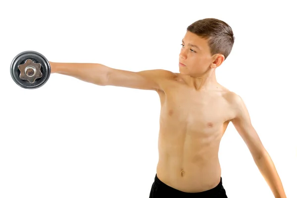 少年男孩用哑铃锻炼 — 图库照片