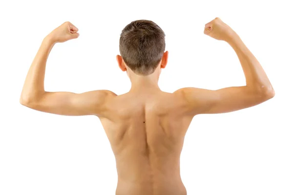 그의 근육 flexing shirtless 10 대 소년 — 스톡 사진