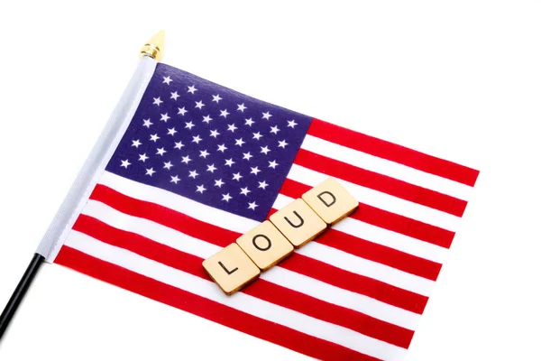 Flag United States Isolated White Background Sign Reading Loud — Stock Photo, Image