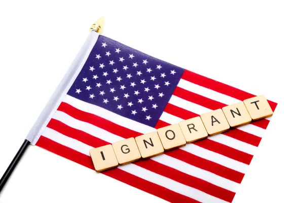 Flag United States Isolated White Background Sign Reading Ignorant — Stock Photo, Image