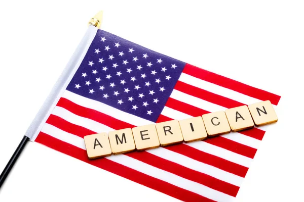 Vlajka Spojených Států Izolovaná Bílém Pozadí Nápisem Američan — Stock fotografie