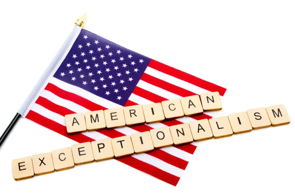 Flag United States Isolated White Background Sign Reading American Exceptionalism — Stock Photo, Image