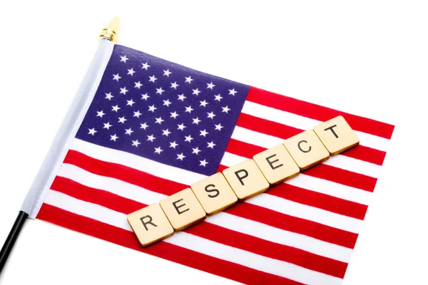 Flag United States Isolated White Background Sign Reading Respect — Stock Photo, Image