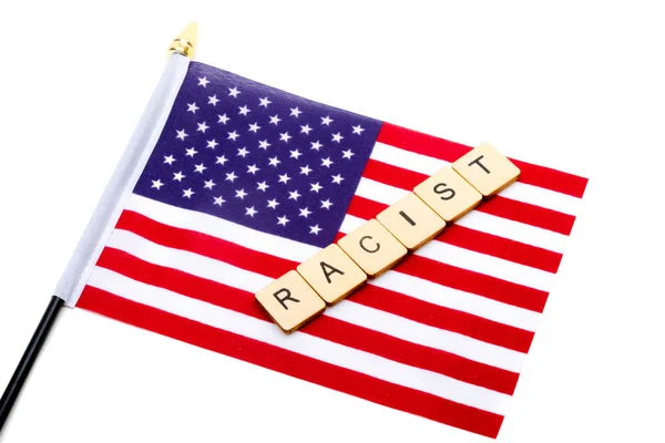 Bandeira Dos Estados Unidos Isolado Fundo Branco Com Sinal Leitura — Fotografia de Stock