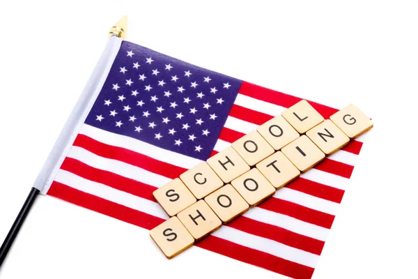 Flag United States Isolated White Background Sign Reading School Shooting — Stock Photo, Image