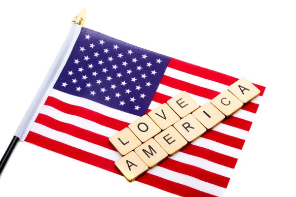 Flag United States Isolated White Background Sign Reading Love America — Stock Photo, Image