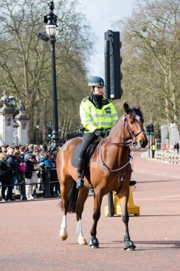 Londra, Birleşik Krallık, 8 Mart 2020 Buckingham Sarayı yakınlarındaki alışveriş merkezinde at üstünde bir polis memuru.