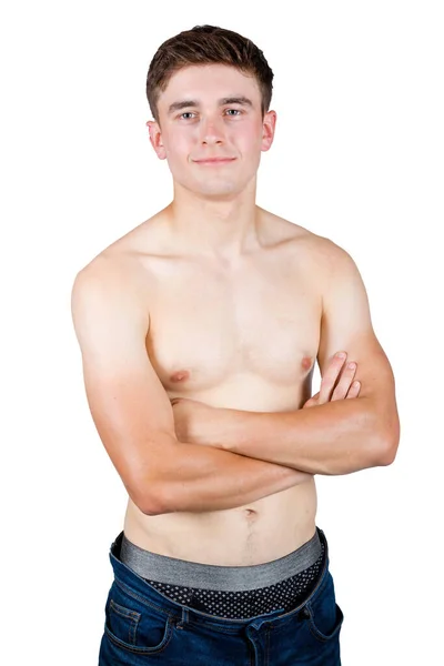 体重ルックのコンセプトショーA筋肉若いです男性大人とともにバギージーンズ — ストック写真