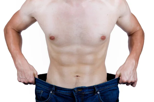 Weight Losee Konzept Zeigt Einen Muskulösen Jungen Männlichen Erwachsenen Der — Stockfoto