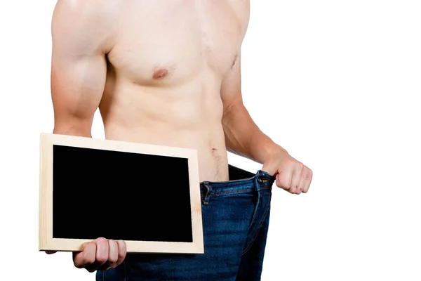 Weight Losee Concept Tonen Een Gespierde Jonge Man Volwassen Bedrijf — Stockfoto