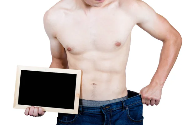 Weight Losee Concept Tonen Een Gespierde Jonge Man Volwassen Bedrijf — Stockfoto