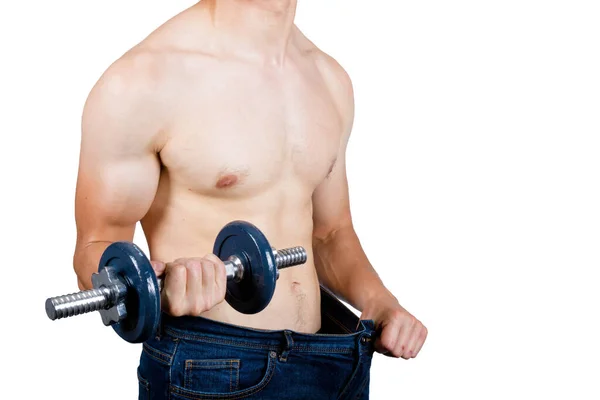 Weight Losee Concept Showing Muscular Young Male Adult Holding Put — Stock Photo, Image