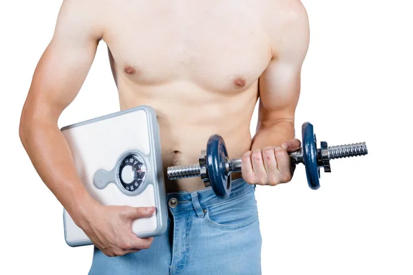 Concepto Pérdida Peso Que Muestra Adulto Joven Musculoso Usando Vaqueros —  Fotos de Stock