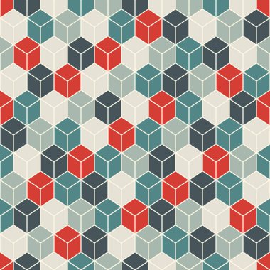 Retro renk küpler arka plan tekrarladı. Geometrik şekiller duvar kağıdı. Çokgenler ile Dikişsiz yüzey desen tasarım.