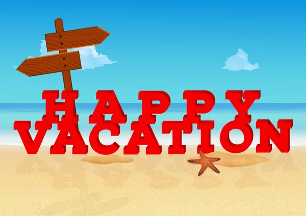 Щасливий відпустку напис на тропічному пляжі. Червона літера в 3d стилі з дерев'яним знаком. Векторні — стоковий вектор