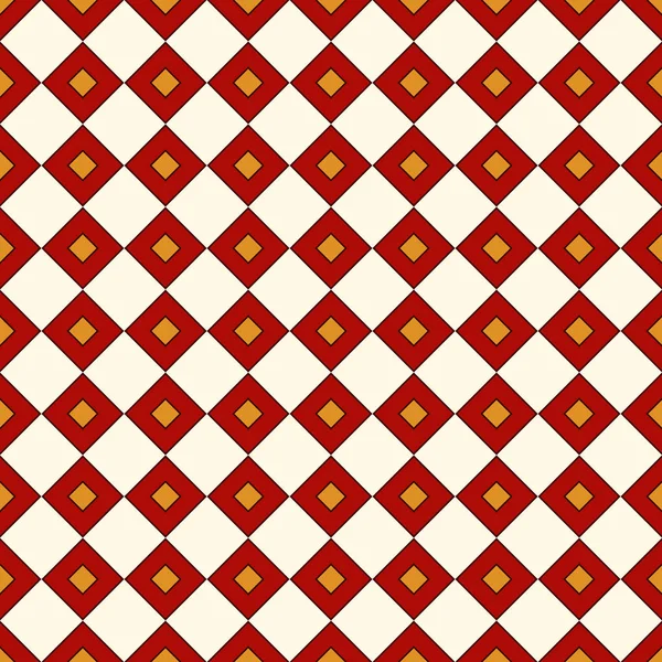 Naadloze patroon met symmetrische geometrische sieraad. Rode en gele kleur diamant abstracte achtergrond. Mozaïek behang. — Stockvector