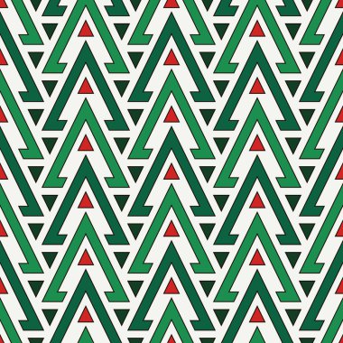 Geleneksel Noel renklerinde tekrarlanan üçgenlerle kusursuz desen. Firavun ağacı motifi. Etnik dekoratif arkaplan.