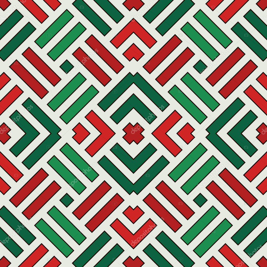 Wicker seamless pattern. Basket weave motif. Christmas traditional colors geometric background with overlapping stripes.