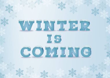 Kış, kar taneleriyle birlikte mavi arka planda 3 boyutlu yazıtlar halinde geliyor. Kar örtüsü metin efektli kış ifadesi.