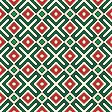 Noel renklerinde kusursuz desen. Etnik ve kabile motifi. Tekrarlanan geometrik formlar. Renkli süs arkaplanı