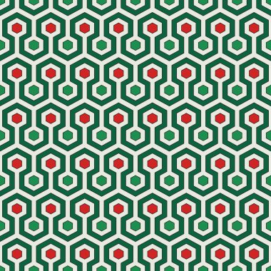 Bal peteği arka planı. Parlak renkler tekrarlanan altıgen fayanslar mozaik. Noel renklerinde pürüzsüz desen