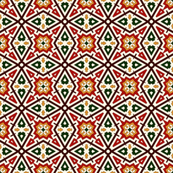 Helles, nahtloses Muster mit geometrischem Ornament in traditionellen Weihnachtsfarben. Ethnische und Stammesmotive. — Stockvektor