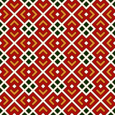 Tekrarlanan geometrik formlarla parlak, pürüzsüz desen. Süslü, soyut bir arka plan. Etnik ve kabile motifleri.