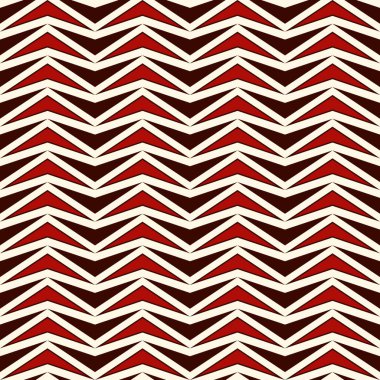 Zigzag soyut arkaplan. Kırmızı renkler, tekrarlanan üçgen mozaiğiyle kusursuz desen oluşturuyor. Modern biçim dokusu.