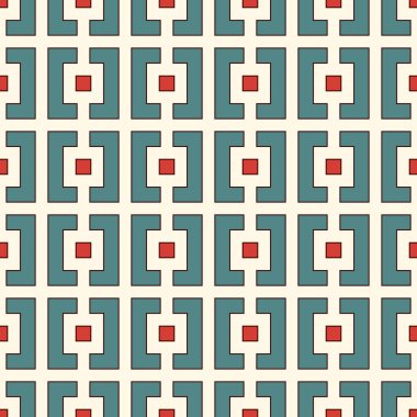 Beyaz arkaplanda tekrarlanan kare ve parantez. Modern süs motifi. Geometrik baskılı kusursuz desen