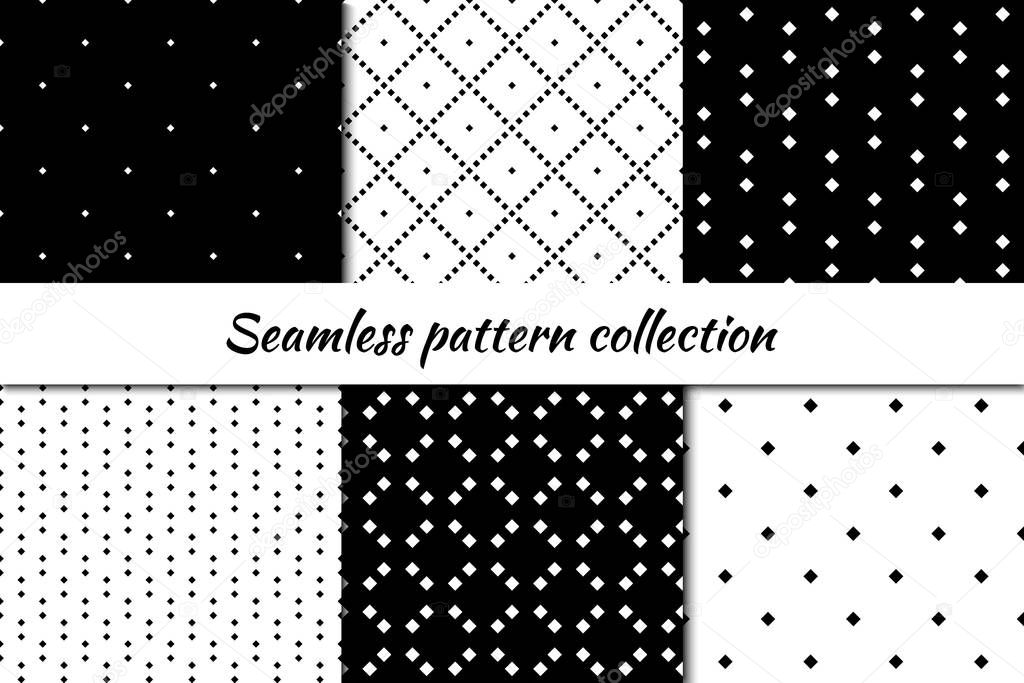 Seamless pattern collection. Geometrical design backgrounds set. Repeated rhombuses, diamonds, squares motif. Geo print