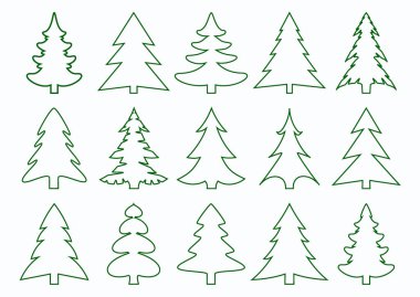 Beyaz arka plan üzerinde izole yeşil köknar ağacı ve çam siluetleri seti. Yeni Yıl, Noel ağacı modern simgeler.
