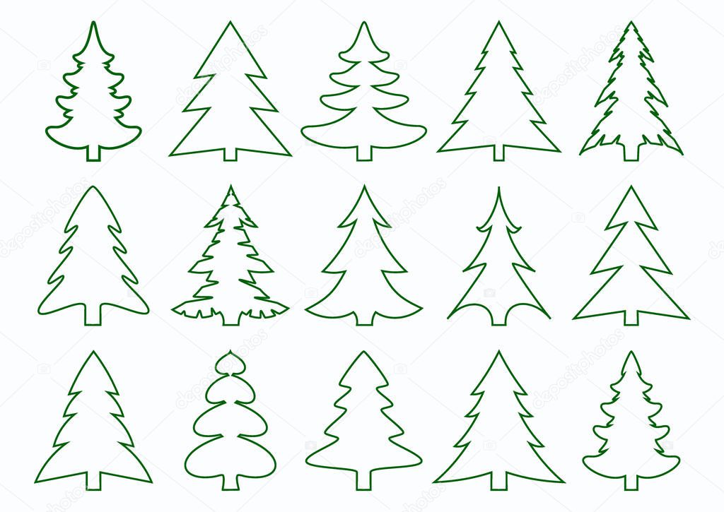 Set of green fir-tree and pines silhouettes isolated on white background. New Year, Christmas tree modern icons.
