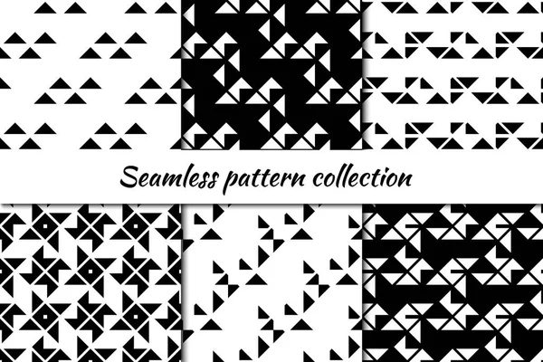 Seamless pattern collection. Geometrical design backgrounds set. Repeated triangles motif. Geo prints. Minimal ornaments — Stock Vector