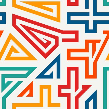 Parlak, etnik, kusursuz bir model. Kabile tarzı yüzey izi. Tekrarlanan düzensiz geometrik şekiller süs motifi. Canlı jeo labirent tasarımı duvar kağıdı. Vektör komik sanatsal soyut arkaplan