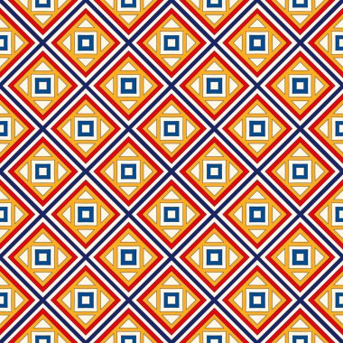 Simetrik geometrik süsleme ile dikişsiz desen. Parlak soyut arka plan. Tekrarlanan kareler ve eşkenar dörtgen süs duvar kağıdı. Vektör çizimi