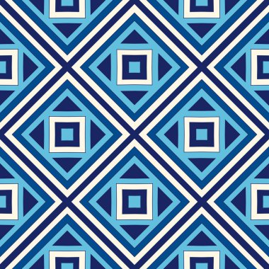Simetrik geometrik süsleme ile Seamless modeli. Mavi arka plan. Tekrarlanan kareler ve edikula süs duvar kağıdı. Vektör çizim