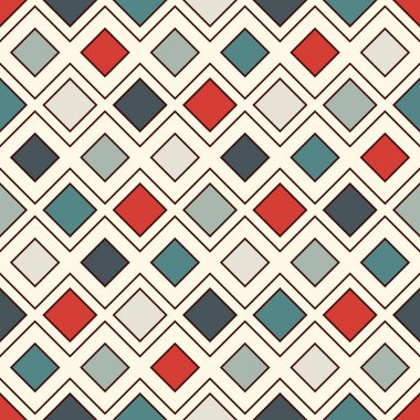 Tekrarlanan elmaslar ve satır arkaplanı. Geometrik motif. Retro renkler eşkenar dörtgen süslemeli kusursuz yüzey dizaynı. Grid dijital kağıt, tekstil baskısı, web tasarımı. Vektör sanatı.